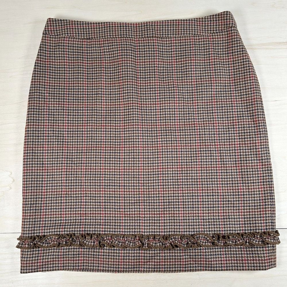 Petite Sophisticate Wool skirt Womens 14 Short Woolmark Brown Houndstooth Ruffle